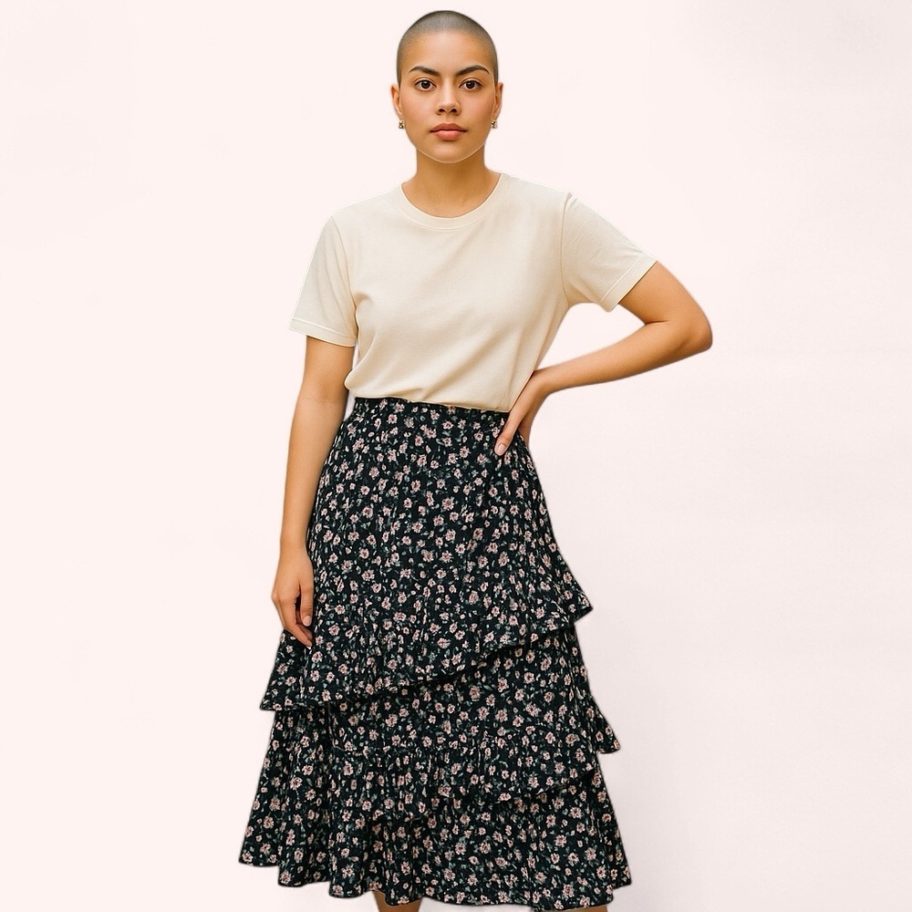 BTFBM Black Floral Ruffle Side Slit Elastic Waist Midi Skirt Size S Gently Used